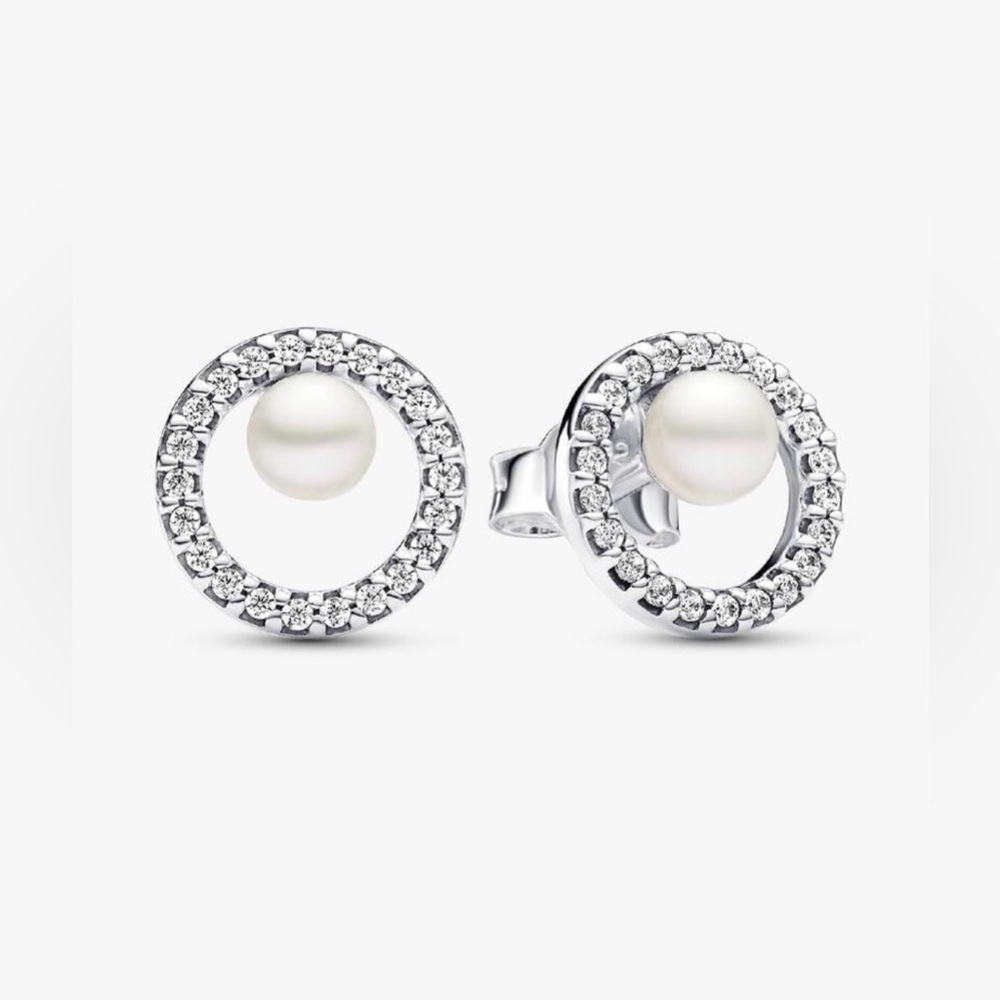 NEW PANDORA Sterling Silver Treated Freshwater Cultured Pearl Halo Stud Earrings